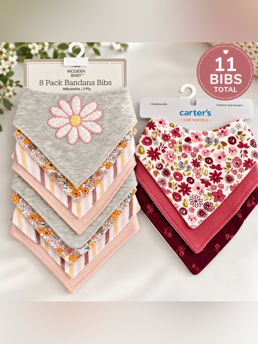 Modern Baby & Carter’s Baby Girl Bandana Bibs Bundle 11pc Floral Adjustable